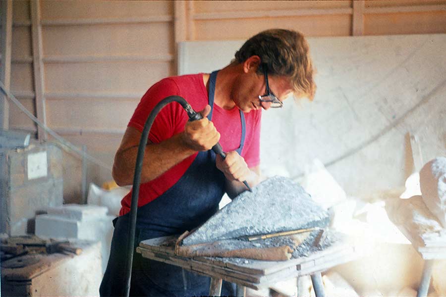 Working in stone at Henraux stoneyards in Querceta, Italy in 1974.